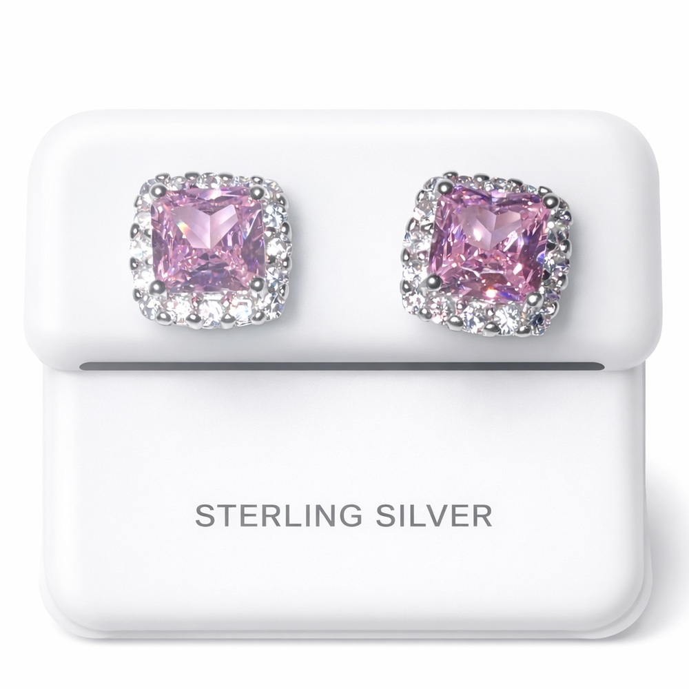 Pink Princess Cut Halo Stud Earrings | S925 Sterling Silver | New